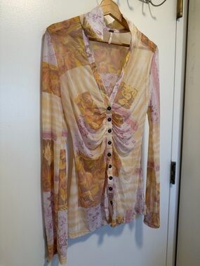 Free People Sheer Floral Button-Front Top in Cream size MEDIUM